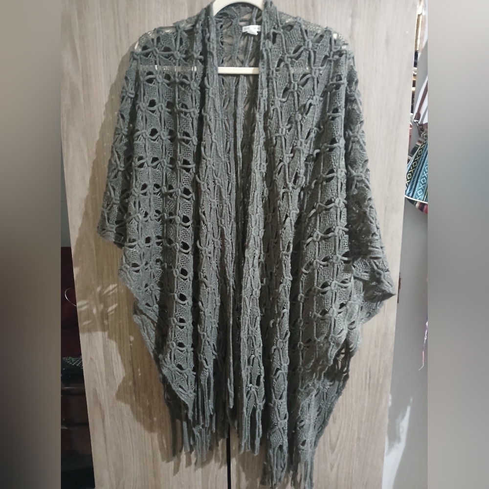 Open Front Crochet Fringe Kimono Cardigan - Charcoal Grey